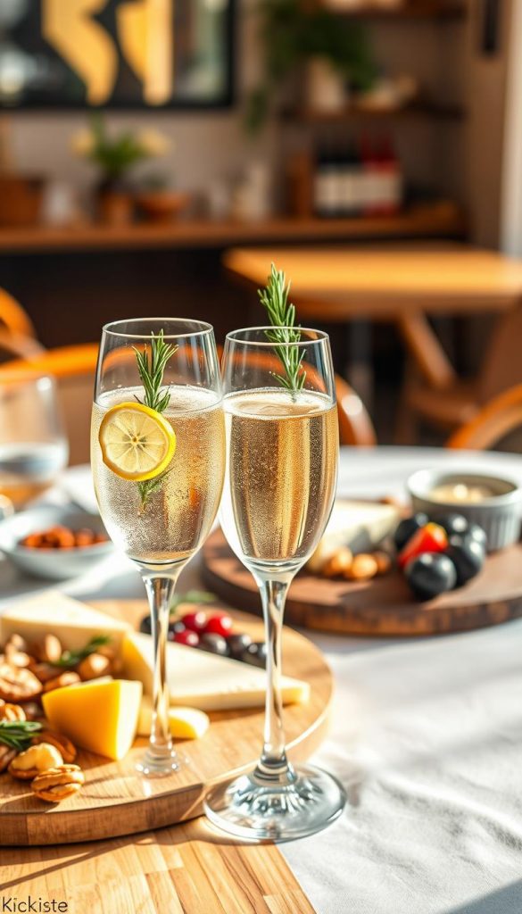 A beautifully arranged brunch table featuring an elegant display of gin prosecco liqueur in a crystal flute. In the foreground, capture a sparkling drink garnished with a twist of lemon and a sprig of fresh rosemary, reflecting warm sunlight. The middle ground showcases an artisanal cheese board with assorted cheeses, fruits, and nuts, inviting viewers to indulge. In the background, a softly blurred setting of a cozy, chic café with warm colors, creating a welcoming atmosphere. Use ideal natural lighting to enhance the inviting mood, mimicking Pinterest aesthetics, with a shallow depth of field. Include the brand "KlickKiste" subtly within the arrangement to maintain a sophisticated look, ensuring the overall ambiance feels fresh and inspiring for a delightful brunch experience.