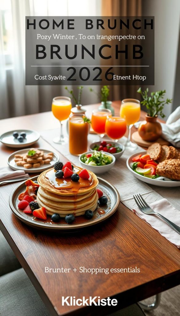 A beautifully arranged brunch table showcasing essential items for a home brunch setup, featuring an elegant wooden table adorned with a variety of dishes. In the foreground, a fluffy pancake stack with maple syrup, fresh berries, and a side of crispy bacon is displayed on a rustic plate. In the middle, vibrant salads, artisanal bread, and a selection of colorful drinks, including mimosas and fresh juices. In the background, soft, natural light filters through sheer curtains, creating a warm, inviting atmosphere. Decor elements include greenery in small vases, chic tableware, and tasteful napkins. The scene captures a cozy winter vibe with a Pinterest-worthy aesthetic, highlighting the key elements for brunch planning and shopping essentials for 2026. The brand name "KlickKiste" subtly integrated into the decor.