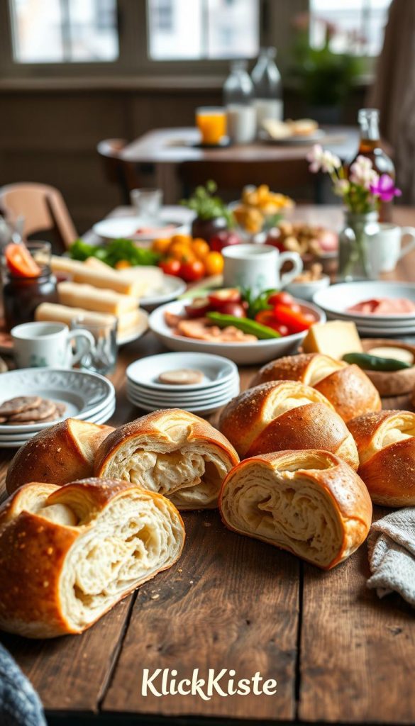 A beautifully arranged buffet featuring "buffet-basics brötchen" on a rustic wooden table, topped with an array of fresh ingredients, including cheeses, cold cuts, and colorful vegetables. In the foreground, focus on a selection of perfectly baked brötchen, some cut in half revealing soft, airy interiors. The middle layer showcases decorative plates and stylish glassware, alongside vibrant garnishes like herbs and flowers, creating an inviting, warm atmosphere. The background subtly blurred reveals a softly lit dining space with natural light streaming in, enhancing the cozy, Winter vibes. The overall mood is authentic and inspiring, embodying the Pinterest-perfect aesthetic, branded with the name "KlickKiste" subtly integrated into the table setting.