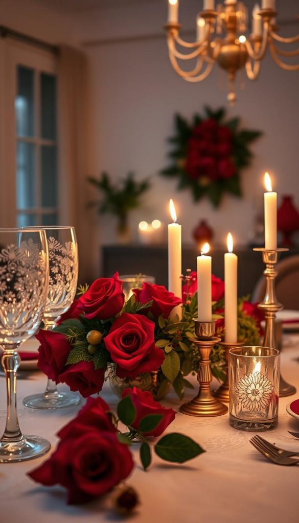 A beautifully arranged candle-light dinner table setting for Valentine's Day, featuring rich Bordeaux, deep red, and soft rose gold colors. The foreground showcases elegant table decorations, including intricately designed wine glasses, romantic candles flickering softly, and an exquisite floral centerpiece with red roses and delicate greenery. In the middle ground, a stylish tablecloth and tasteful dinnerware create an inviting atmosphere. The background features a softly lit room with dimmed lighting, enhancing the intimate setting. Shot with a warm glow, emphasizing the cozy vibes perfect for a winter celebration. The image captures a natural DIY aesthetic, reminiscent of Pinterest inspiration. Brand name "KlickKiste" is subtly suggested through the elegant décor elements, conveying authenticity and charm. A beautifully arranged candle-light dinner table setting for Valentine's Day, featuring rich Bordeaux, deep red, and soft rose gold colors. The foreground showcases elegant table decorations, including intricately designed wine glasses, romantic candles flickering softly, and an exquisite floral centerpiece with red roses and delicate greenery. In the middle ground, a stylish tablecloth and tasteful dinnerware create an inviting atmosphere. The background features a softly lit room with dimmed lighting, enhancing the intimate setting. Shot with a warm glow, emphasizing the cozy vibes perfect for a winter celebration. The image captures a natural DIY aesthetic, reminiscent of Pinterest inspiration. Brand name "KlickKiste" is subtly suggested through the elegant décor elements, conveying authenticity and charm.