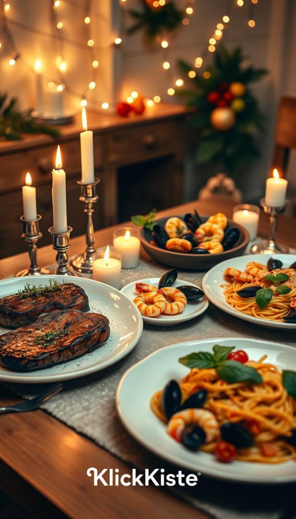 A beautifully arranged candlelight dinner table set for a romantic evening. In the foreground, a wooden table adorned with a rustic tablecloth, featuring elegantly plated dishes: a perfectly cooked steak garnished with herbs, a vibrant seafood platter with shrimp and mussels, and a colorful pasta dish with fresh basil. Delicate, flickering candles create a warm, inviting glow, while soft fairy lights are draped above, enhancing the cozy atmosphere. In the background, hints of winter decor, such as pine branches and seasonal fruits, add natural charm. Shot with a warm color palette, using a shallow depth of field to focus on the sumptuous dishes, capturing the essence of authenticity and inspiration. Brand logo "KlickKiste" subtly integrated into the table setting, ensuring a Pinterest-worthy aesthetic.