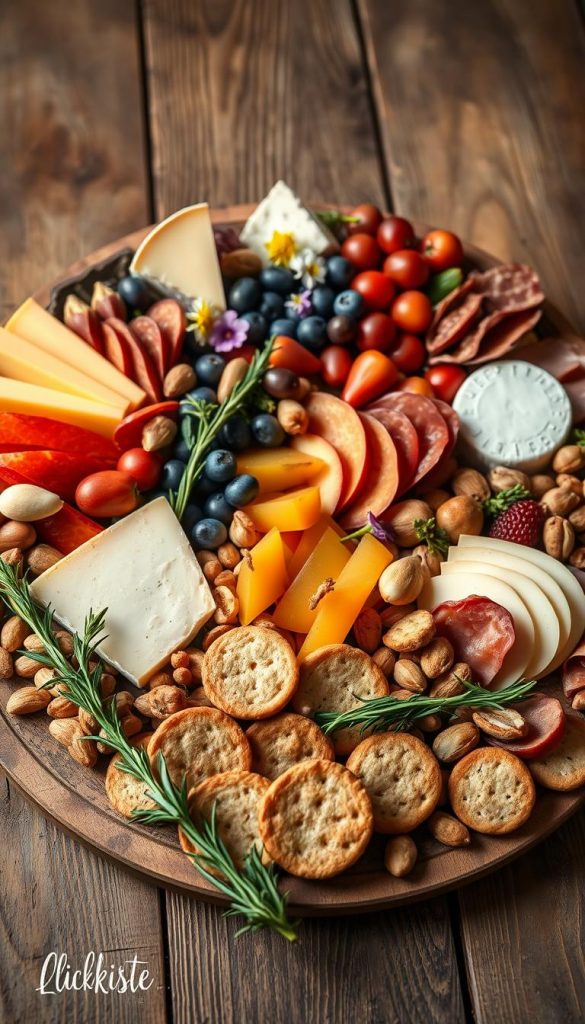 A beautifully arranged charcuterie board featuring an assortment of artisanal cheeses, cured meats, and vibrant seasonal fruits, set against a rustic wooden background. In the foreground, a variety of crackers and nuts complement the spreads, while sprigs of rosemary and edible flowers add a touch of elegance. Soft, warm lighting enhances the rich colors of the ingredients, creating an inviting atmosphere perfect for spring gatherings. The camera angle is slightly above, capturing the intricate layout of the board with a Pinterest-worthy aesthetic. The overall mood is cozy and inspiring, reminiscent of a stylish, natural DIY creation by KlickKiste, embodying the charm of Easter brunch preparations.