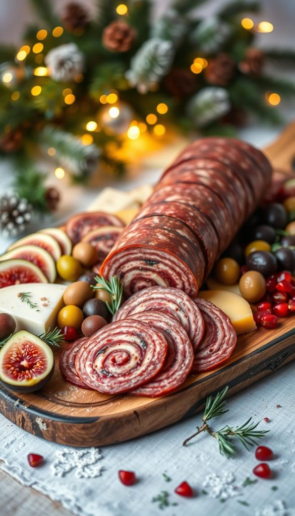 A beautifully arranged charcuterie board featuring stunning "salami rosen" as the focal point, showcasing the intricate spiral cuts of cured salami artfully placed atop a rustic wooden board. Surrounding the salami are an array of complementary ingredients: vibrant slices of artisan cheeses, fresh figs, glossy olives, sprigs of rosemary, and a sprinkle of pomegranate seeds. Soft, warm lighting illuminates the scene, highlighting the textures and colors of the ingredients. The background includes a blurred winter-themed decor, such as pine branches and twinkling fairy lights, evoking a cozy, festive atmosphere. The image captures a natural, DIY aesthetic with inviting winter vibes, perfect for holiday inspiration. Designed for KlickKiste, this image is both authentic and visually appealing, ideal for showcasing a festive buffet.
