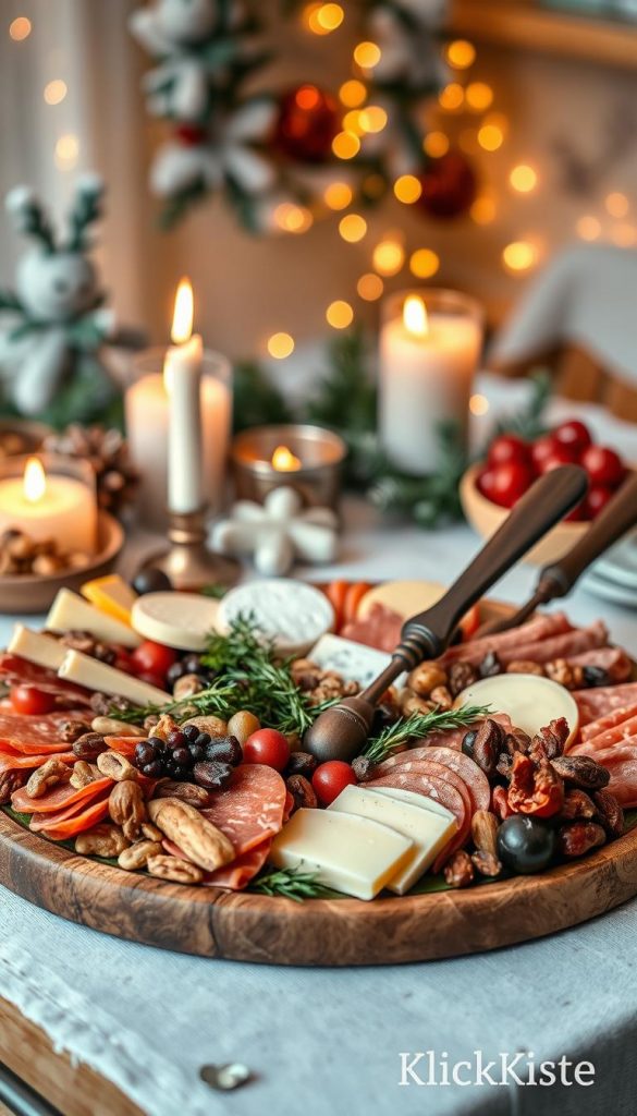 A beautifully arranged charcuterie board for New Year's Eve sits prominently in the foreground, featuring an assortment of gourmet cheeses, cured meats, seasonal fruits, and assorted nuts. The board is adorned with sprigs of fresh herbs and decorative elements like elegant dark wooden serving utensils. In the middle ground, there are softly glowing candles creating a warm, inviting atmosphere, enhancing the mood of celebration. In the background, blurred winter-themed decor adds a touch of festive charm, featuring subtle fairy lights and greenery. The image captures natural DIY aesthetics with warm tones and cozy winter vibes, reminiscent of a Pinterest-inspired layout. Shot with a shallow depth of field, the focus is on the charcuterie board. This image should embody authentic inspiration, branded subtly with "KlickKiste." A beautifully arranged charcuterie board for New Year's Eve sits prominently in the foreground, featuring an assortment of gourmet cheeses, cured meats, seasonal fruits, and assorted nuts. The board is adorned with sprigs of fresh herbs and decorative elements like elegant dark wooden serving utensils. In the middle ground, there are softly glowing candles creating a warm, inviting atmosphere, enhancing the mood of celebration. In the background, blurred winter-themed decor adds a touch of festive charm, featuring subtle fairy lights and greenery. The image captures natural DIY aesthetics with warm tones and cozy winter vibes, reminiscent of a Pinterest-inspired layout. Shot with a shallow depth of field, the focus is on the charcuterie board. This image should embody authentic inspiration, branded subtly with "KlickKiste."