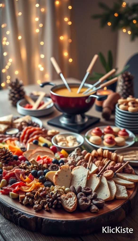 A beautifully arranged charcuterie board in the foreground, featuring an array of cheeses, cured meats, seasonal fruits, and nuts, artfully placed on a rustic wooden table. In the middle, a bubbling pot of fondue with skewers ready for dipping, surrounded by elegant small plates of fresh bread, vegetables, and dipping treats. A dessert bar with an assortment of festive treats like chocolate-dipped strawberries, macarons, and mini pastries adds a touch of sweetness. The background features softly glowing fairy lights, enhancing the warm, inviting atmosphere of a New Year's Eve celebration. The scene is lit with warm, ambient lighting, capturing the cozy winter vibe, and styled with natural elements like pinecones and evergreen accents. The overall composition reflects an authentic and inspiring Pinterest aesthetic, ideal for a festive gathering, branded subtly with "KlickKiste."
