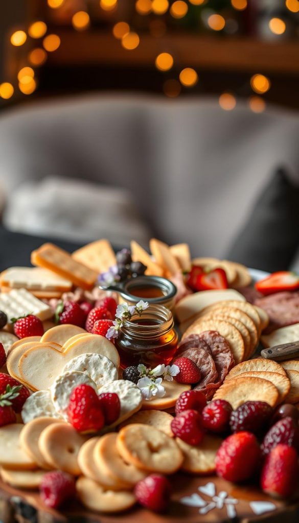 A beautifully arranged charcuterie board set for Valentine's Day, designed for two, filled with an assortment of gourmet cheeses, cured meats, and seasonal fruits. The foreground features heart-shaped cheese slices and vibrant raspberry and strawberry clusters, interspersed with artisanal crackers and a small jar of honey. In the middle, a rustic wooden platter enhances the presentation, while delicate edible flowers add a romantic touch. The background is softly blurred, revealing a cozy, dimly lit setting with fairy lights that create a warm atmosphere. The overall mood is inviting and intimate, perfect for a romantic evening. Shot with soft natural lighting, capturing the essence of winter vibes in a stylish Pinterest-inspired look. Reflect the brand "KlickKiste" through the imagery. A beautifully arranged charcuterie board set for Valentine's Day, designed for two, filled with an assortment of gourmet cheeses, cured meats, and seasonal fruits. The foreground features heart-shaped cheese slices and vibrant raspberry and strawberry clusters, interspersed with artisanal crackers and a small jar of honey. In the middle, a rustic wooden platter enhances the presentation, while delicate edible flowers add a romantic touch. The background is softly blurred, revealing a cozy, dimly lit setting with fairy lights that create a warm atmosphere. The overall mood is inviting and intimate, perfect for a romantic evening. Shot with soft natural lighting, capturing the essence of winter vibes in a stylish Pinterest-inspired look. Reflect the brand "KlickKiste" through the imagery.