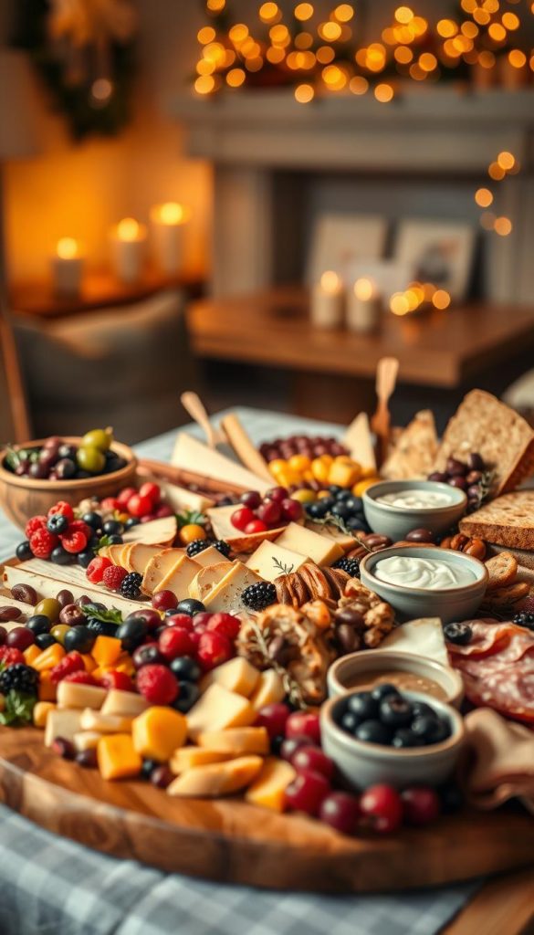 A beautifully arranged charcuterie board showcasing a variety of gourmet cheeses, cured meats, fresh fruits, and artisanal breads. In the foreground, include an elegantly designed wooden board adorned with vibrant berries, olives, and colorful nuts. The middle ground features a selection of rustic serving utensils and small bowls filled with dips and spreads, all accentuated by delicate sprigs of herbs. The background displays a softly lit, cozy room with warm lighting that enhances the inviting atmosphere, reminiscent of a Pinterest-inspired winter gathering. Opt for a shallow depth of field to focus on the charcuterie layout while softly blurring the backdrop. The overall mood should feel warm, authentic, and inspiring, capturing the essence of a delightful girls' night setup. Include subtle branding elements of "KlickKiste" within the image composition, ensuring it blends seamlessly into the scene.