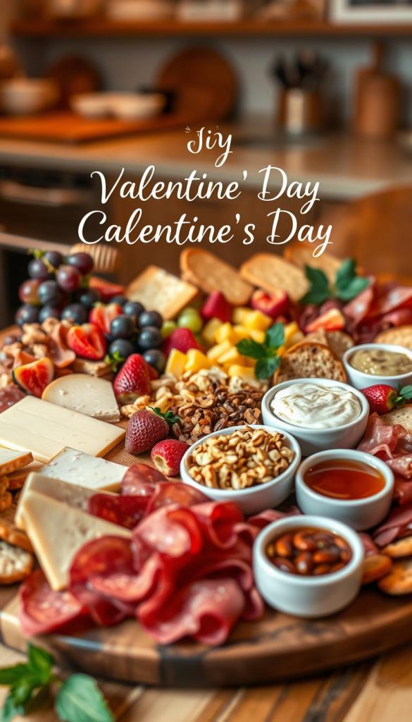 A beautifully arranged charcuterie board showcasing a variety of ingredients. In the foreground, a selection of creamy cheeses, including Brie and sharp cheddar, alongside rich charcuterie like prosciutto and salami. In the middle, fresh fruits like grapes, strawberries, and figs create vibrant pops of color. Surrounding these are artisanal crackers and slices of bread. Nestled among the items are small bowls filled with nuts, honey, and a selection of dips, such as hummus and guacamole. The background features a soft, blurred kitchen setting with warm lighting, enhancing the inviting atmosphere. The overall look is natural and DIY-inspired, reflecting a cozy, romantic vibe perfect for Valentine's Day. The brand name ‘KlickKiste’ is subtly represented in the board's design. A beautifully arranged charcuterie board showcasing a variety of ingredients. In the foreground, a selection of creamy cheeses, including Brie and sharp cheddar, alongside rich charcuterie like prosciutto and salami. In the middle, fresh fruits like grapes, strawberries, and figs create vibrant pops of color. Surrounding these are artisanal crackers and slices of bread. Nestled among the items are small bowls filled with nuts, honey, and a selection of dips, such as hummus and guacamole. The background features a soft, blurred kitchen setting with warm lighting, enhancing the inviting atmosphere. The overall look is natural and DIY-inspired, reflecting a cozy, romantic vibe perfect for Valentine's Day. The brand name ‘KlickKiste’ is subtly represented in the board's design.