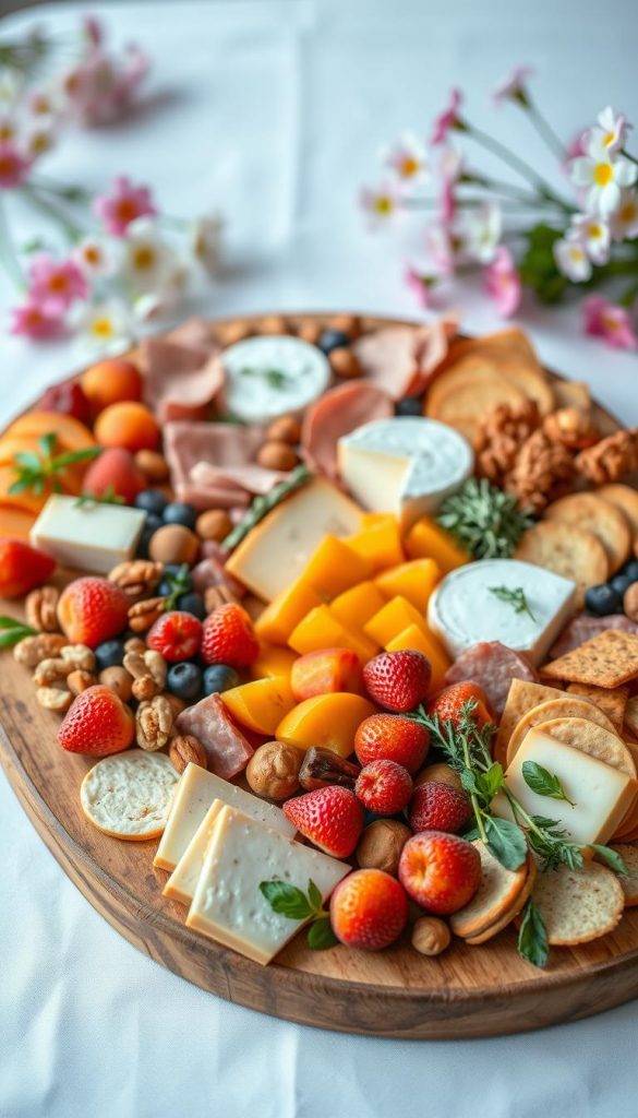 A beautifully arranged charcuterie board with a variety of fresh, colorful snacks ideal for spring gatherings. In the foreground, showcase an assortment of artisan cheeses, cured meats, seasonal fruits like strawberries and apricots, and vibrant herbs. Include nuts and crackers artfully placed to add texture. The middle layer features a rustic wooden board, possibly hand-crafted, adding an authentic DIY touch. For the background, create a soft-focus effect with a light, pastel-colored tablecloth and delicate spring flowers in the corners, enhancing a warm, inviting atmosphere. The lighting should be soft and natural, capturing the essence of a bright spring day, reminiscent of Pinterest aesthetics. This composition by "KlickKiste" aims to inspire creativity and evoke feelings of joy and togetherness.
