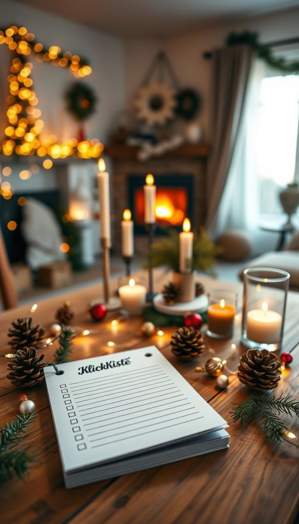 A beautifully arranged checklist for winter party decorations, featuring a cozy, DIY aesthetic with warm colors. In the foreground, display a wooden table with a stylish checklist notepad titled "KlickKiste," adorned with festive elements such as pinecones, twinkling fairy lights, and colorful ornaments. In the middle ground, include items like candles, garlands, and a small, elegant centerpiece that reflects a winter vibe. The background should be softly blurred, showcasing a quaint, decorated living room with a glowing fireplace and subtle winter-themed decor. Use warm, inviting lighting to enhance the cozy atmosphere, creating an authentic and inspiring mood reminiscent of Pinterest aesthetics.
