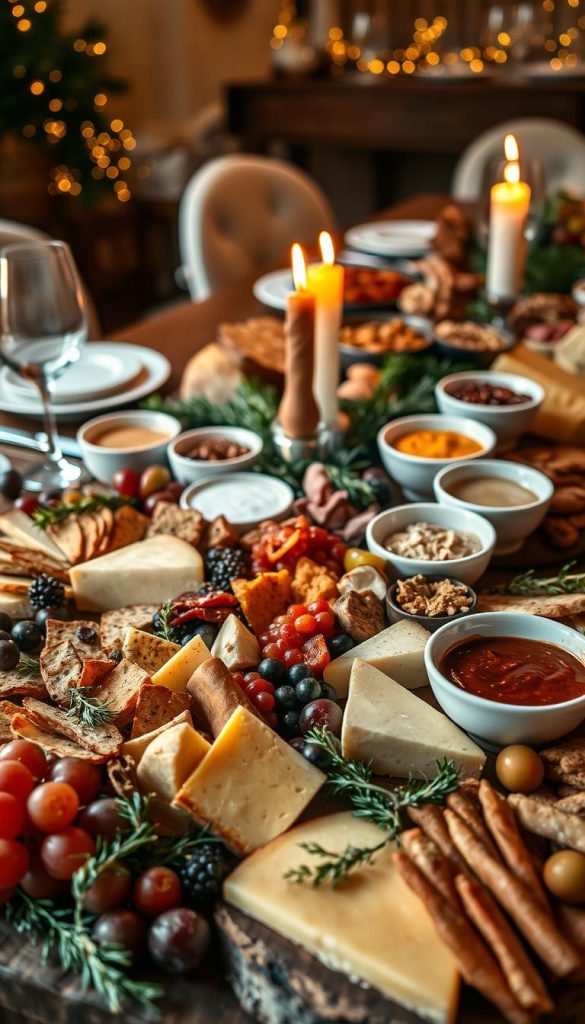 A beautifully arranged cheese board for a festive New Year’s Eve dinner party, featuring an assortment of artisanal cheeses, cured meats, fresh fruits like grapes and figs, and an array of colorful dips served in elegant bowls. The foreground captures the cheese and charcuterie, with rich textures and vibrant colors accented by fresh herbs. In the middle ground, a softly glowing candle adds warmth to the setting, surrounded by rustic wooden serving platters and decorative elements like evergreen sprigs. The background features a softly lit dining table set for celebration, creating an inviting and cozy atmosphere. The overall mood is festive yet relaxed, with warm tones and natural, DIY aesthetics, inspired by a Pinterest look. Brand name "KlickKiste" subtly integrated into the visual. Soft, natural lighting enhances the inviting feel, shot from a slightly elevated angle for a comprehensive view. A beautifully arranged cheese board for a festive New Year’s Eve dinner party, featuring an assortment of artisanal cheeses, cured meats, fresh fruits like grapes and figs, and an array of colorful dips served in elegant bowls. The foreground captures the cheese and charcuterie, with rich textures and vibrant colors accented by fresh herbs. In the middle ground, a softly glowing candle adds warmth to the setting, surrounded by rustic wooden serving platters and decorative elements like evergreen sprigs. The background features a softly lit dining table set for celebration, creating an inviting and cozy atmosphere. The overall mood is festive yet relaxed, with warm tones and natural, DIY aesthetics, inspired by a Pinterest look. Brand name "KlickKiste" subtly integrated into the visual. Soft, natural lighting enhances the inviting feel, shot from a slightly elevated angle for a comprehensive view.
