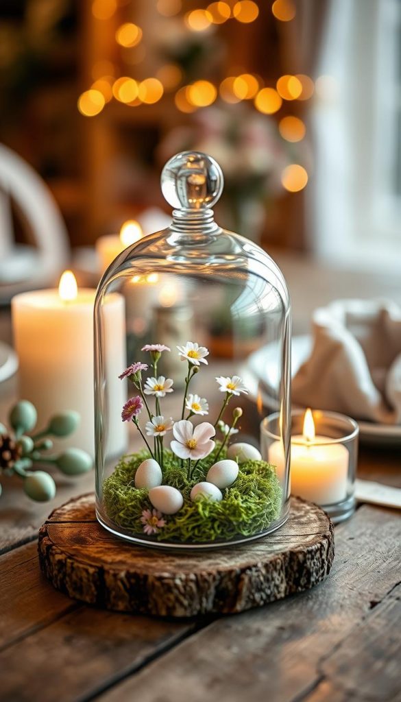 A beautifully arranged cloche display featuring delicate spring elements under glass. In the foreground, a crystal-clear cloche showcases a miniature scene with pastel-colored flowers, small decorative eggs, and green moss, all artfully placed on a rustic wooden surface. The middle ground includes a softly glowing candle placed beside the cloche, adding warmth to the composition. In the background, a blurred, gentle vignette of a spring-inspired table setting with natural textures and soft, warm light creates a tranquil atmosphere. The overall mood is serene and inspiring, evoking a DIY aesthetic with cozy winter vibes. This scene represents the essence of a stylish presentation, perfect for a Pinterest-inspired look. Brand: KlickKiste.