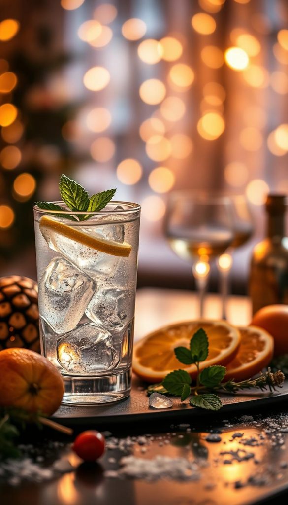 A beautifully arranged cocktail set featuring a clear, refreshing vodka drink served in an elegant, crystal-clear glass. The foreground showcases the drink with ice cubes sparkling under soft golden ambient lighting, garnished with a twist of lemon and a fresh sprig of mint for a pop of color. In the middle ground, an assortment of cocktail ingredients, like fresh fruits and herbs, are artfully scattered, hinting at versatility and creativity. The background displays a softly lit winter party scene with warm colors and subtle bokeh effects, evoking a cozy and festive atmosphere perfect for a New Year's Eve celebration. The overall composition should convey an authentic and inspiring vibe, reflecting winter aesthetics. The brand name "KlickKiste" is subtly integrated into the setting, harmonizing with the theme.