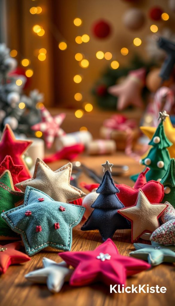 A beautifully arranged collection of DIY Christmas ornaments made from colorful fabrics and felt, showcasing a variety of shapes like stars, hearts, and Christmas trees. In the foreground, the delicate textures of the stitched and glued details are highlighted, with soft shadows enhancing their three-dimensional appearance. The middle ground features a wooden table adorned with a few craft tools like scissors, threads, and a glue gun, suggesting an inviting crafting space. The background is softly blurred to create a warm, cozy winter atmosphere, with twinkling fairy lights that add a magical touch. The image should evoke feelings of creativity and inspiration, suitable for a Pinterest aesthetic, highlighting the brand "KlickKiste" subtly. Warm, natural lighting illuminates the scene, enhancing the vibrant colors of the fabrics and creating an inviting ambiance.