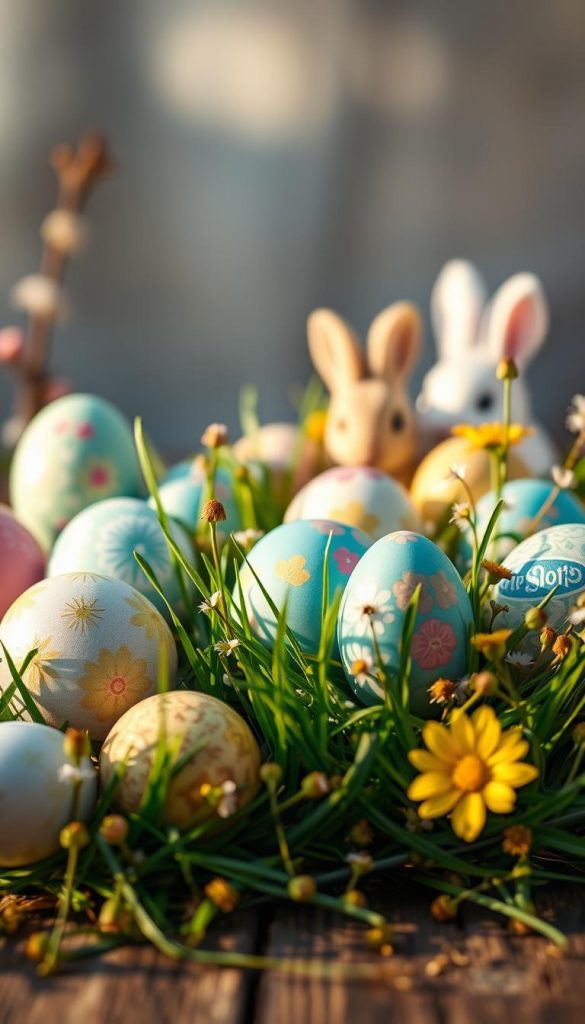 A beautifully arranged collection of Easter eggs, known as "Ostereier," set against a softly blurred background reminiscent of a spring garden. In the foreground, vividly decorated eggs with intricate patterns and pastel colors, such as soft blues, pinks, and yellows, are nestled among fresh green grass and delicate wildflowers. The eggs vary in size and shape, creating a dynamic visual appeal, and some are partially hidden for depth. In the middle ground, hints of charming bunnies peek through the foliage, their gentle expressions adding to the enchanting scene. The lighting is warm and inviting, reminiscent of golden hour, casting soft shadows and enhancing the vibrant colors. This image captures the essence of natural DIY aesthetics, offering a cozy, Pinterest-inspired vibe, perfect for “KlickKiste.”