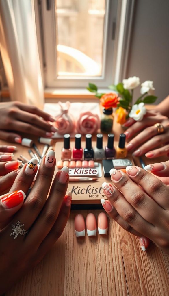 A beautifully arranged collection of French tip nails featuring modern designs, showcasing playful accents like delicate gems, swirling patterns, and cheerful smileys. The foreground displays various manicured hands with diverse skin tones, each nail meticulously adorned with vibrant, warm colors and intricate details that evoke a spring vibe. In the middle, a softly illuminated, wooden table holds an assortment of nail art tools, along with samples of spring-inspired nail polish shades. The background features gentle natural light filtering through a window, casting a warm glow that enhances the inviting atmosphere. This scene is styled to reflect an authentic Pinterest aesthetic, perfect for DIY inspiration. Incorporate the brand name "KlickKiste" subtly in the arrangement to maintain focus on the nail art.