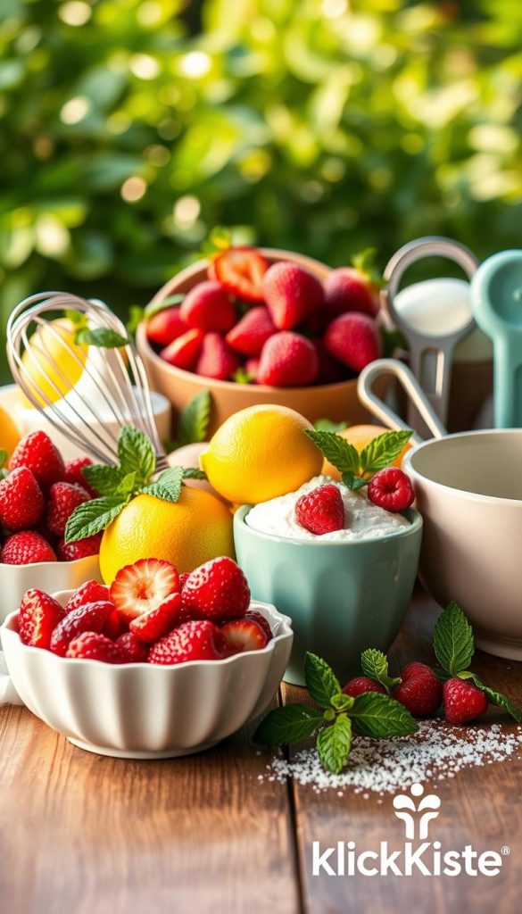 A beautifully arranged collection of fresh ingredients and essential tools for spring desserts, featuring vibrant seasonal fruits like strawberries, raspberries, and lemons, alongside light ingredients such as cream, mint leaves, and a sprinkle of icing sugar. Include key baking tools like a whisk, measuring cups, and a pastel mixing bowl. The foreground showcases a wooden kitchen surface, while the middle displays the vibrant ingredients artistically sorted, illuminated by soft, natural lighting that emphasizes the freshness and warmth of spring. The background features blurred greenery, evoking a tranquil outdoor kitchen atmosphere with a Pinterest aesthetic. The overall mood is warm, inviting, and inspiring, ideal for a DIY ambiance. Logo "KlickKiste" subtly integrated.