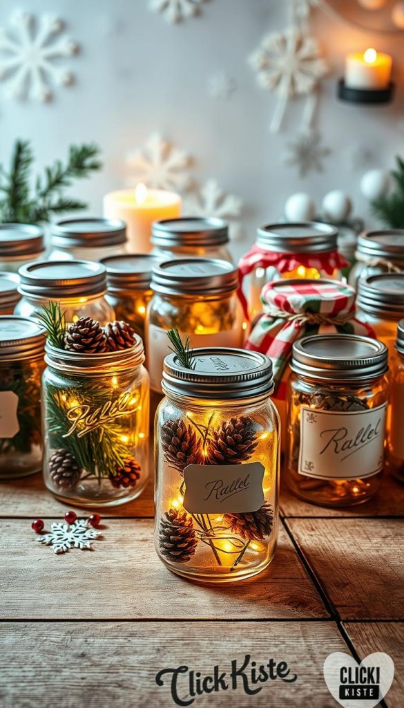 A beautifully arranged collection of mason jars in various sizes and styles, showcasing intricate lids, placed on a rustic wooden surface. In the foreground, highlight a few decorated jars filled with pinecones, twinkling fairy lights, and sprigs of evergreen, creating a cozy holiday atmosphere. In the middle ground, display additional jars with labels, some closed with metal lids and others with colorful fabric covers tied with twine, beneath soft, natural lighting that enhances the warm, winter vibes. The background should feature subtle winter decorations like snowflakes and faintly lit candles, capturing a Pinterest-inspired aesthetic. The overall scene emits an inviting, wholesome mood, perfect for DIY enthusiasts, with the brand name "KlickKiste" artistically integrated into the design.