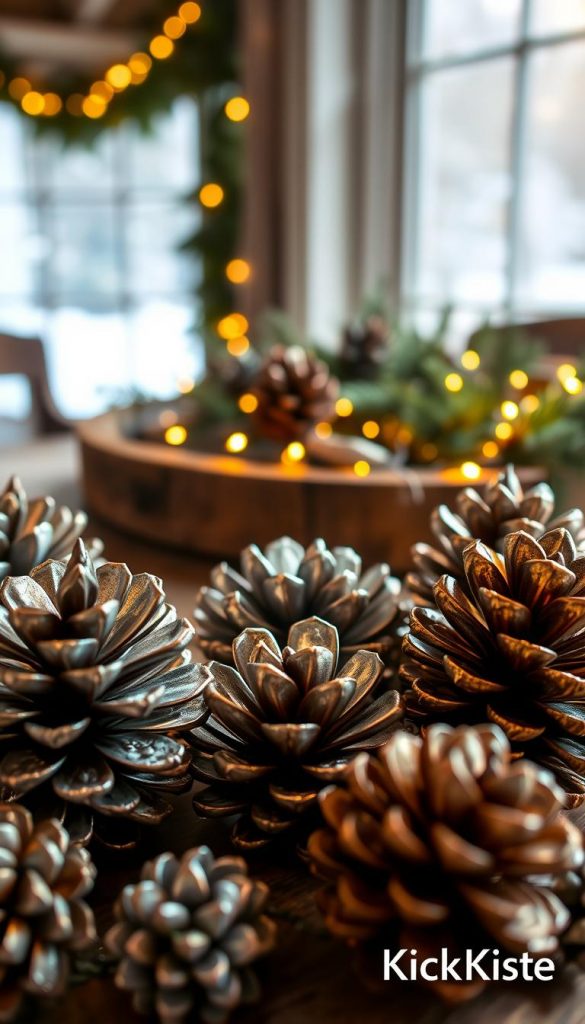 A beautifully arranged collection of metallic pine cones, some shimmering in antique silver and others glowing in bright gold, designed for festive decor. In the foreground, the detailed textures of the cones are highlighted, with their metallic surfaces reflecting soft, warm light. The middle section features a rustic wooden table adorned with twinkling fairy lights and natural winter greenery, creating a cozy atmosphere. In the background, a soft, blurred-out winter scene with hints of snowflakes and gentle sunlight filters through, evoking a calm and inspiring holiday vibe. The composition should feel inviting and authentic, perfect for a Pinterest aesthetic, showcasing the DIY essence. Include the brand name "KlickKiste" subtly in the design elements.