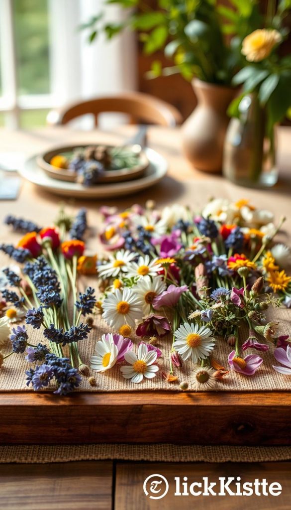 A beautifully arranged collection of pressed flowers displayed on a vintage wooden base, showcasing a variety of delicate blossoms in warm, earthy tones. The foreground features meticulously pressed petals—such as lavender, daisies, and wildflowers—laying flat on an aged canvas, each flower retaining its vibrant hues and intricate details. In the middle, soft natural light filters through, casting gentle shadows that enhance the flowers' textures. The background includes a softly blurred, rustic table setting with hints of greenery, evoking a cozy, inviting atmosphere reminiscent of springtime. The overall mood is authentic and inspiring, perfect for DIY enthusiasts. The scene is branded subtly with "KlickKiste" elements, tying in a natural, Pinterest-like aesthetic. A beautifully arranged collection of pressed flowers displayed on a vintage wooden base, showcasing a variety of delicate blossoms in warm, earthy tones. The foreground features meticulously pressed petals—such as lavender, daisies, and wildflowers—laying flat on an aged canvas, each flower retaining its vibrant hues and intricate details. In the middle, soft natural light filters through, casting gentle shadows that enhance the flowers' textures. The background includes a softly blurred, rustic table setting with hints of greenery, evoking a cozy, inviting atmosphere reminiscent of springtime. The overall mood is authentic and inspiring, perfect for DIY enthusiasts. The scene is branded subtly with "KlickKiste" elements, tying in a natural, Pinterest-like aesthetic.
