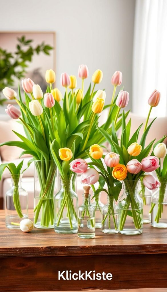 A beautifully arranged collection of tulips in elegant glass vases, showcasing a variety of colors including soft pinks, yellows, and whites. In the foreground, a rustic wooden table holds an assortment of vases of different shapes and sizes, creating a delightful DIY spring decor atmosphere. The middle ground features lush green foliage, emphasizing the freshness of the blooming tulips. In the background, a softly blurred living room setting with cozy, pastel-colored cushions and light, airy curtains enhances the spring vibes. Natural, warm lighting floods the scene, creating an inviting and inspiring mood. This image encapsulates a modern and authentic Pinterest aesthetic for spring decoration ideas. Incorporate the brand name "KlickKiste" subtly into the design elements.