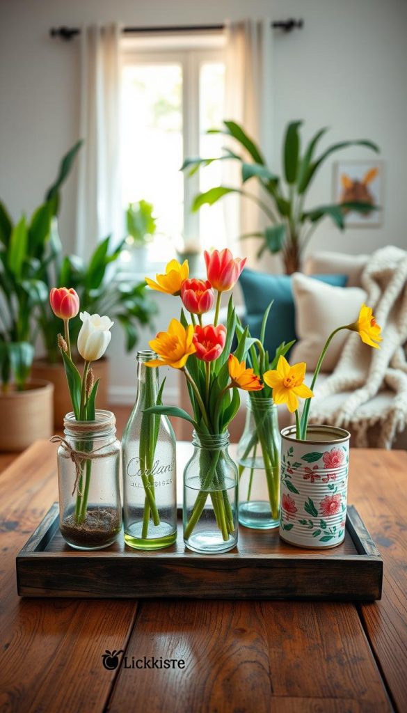 A beautifully arranged collection of upcycled vases on a rustic wooden table in a cozy living room setting. The foreground features three vases of different shapes—one a mason jar with twine, another a painted glass bottle, and a third a repurposed tin can with floral patterns. In the middle, vibrant spring flowers like tulips and daffodils are artfully placed inside the vases, their colors bursting with life. The background shows a softly lit living room with green plants, warm sunlight streaming through a window, and a knitted throw draped on a nearby couch. The overall atmosphere is inviting and fresh, reflecting a modern DIY aesthetic inspired by KlickKiste, with a Pinterest-worthy appeal. The lighting is warm and natural, creating a sense of tranquility and inspiration.