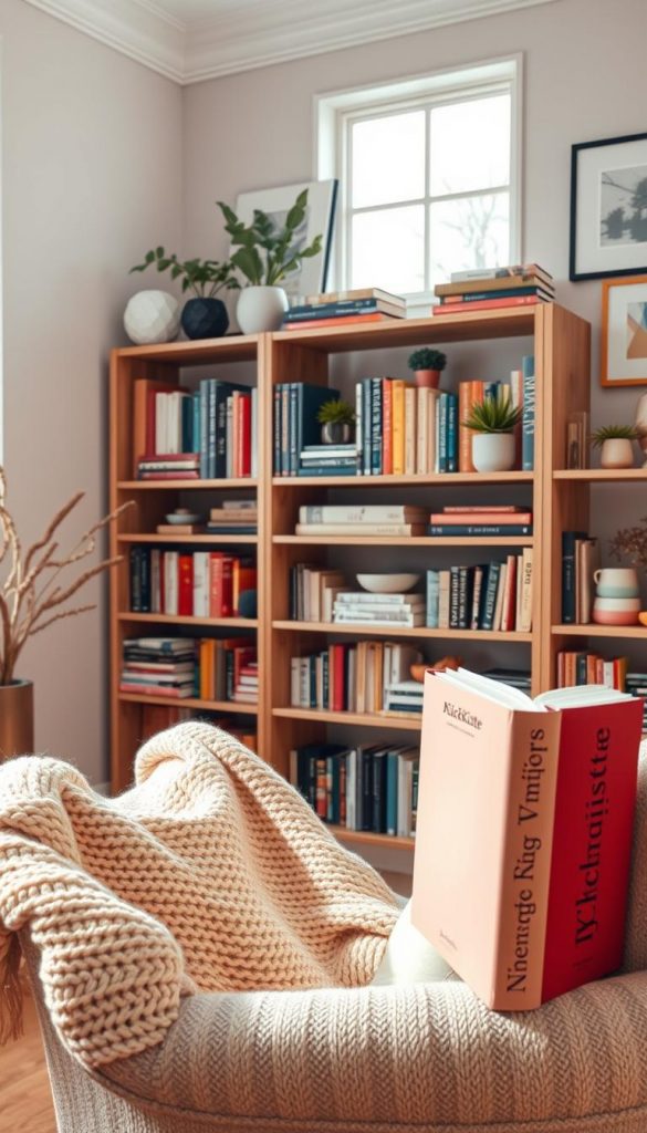 A beautifully arranged color palette bookcase with an array of vibrant, neutral, and bold-colored books and decorative items. In the foreground, a cozy reading nook features a plush armchair and a warm, knitted throw, inviting viewers in. The middle ground shows the bookcase itself, made from natural wood and styled with harmonious groupings of books in complementary colors, artfully interspersed with plants and decorative objects. The background includes a softly lit, neutral-toned wall adorned with framed art and a hint of winter vibes through the window, allowing gentle natural light to illuminate the scene. The mood is warm and inspiring, reflecting a DIY aesthetic reminiscent of Pinterest designs, branded subtly with "KlickKiste" on one book's spine.