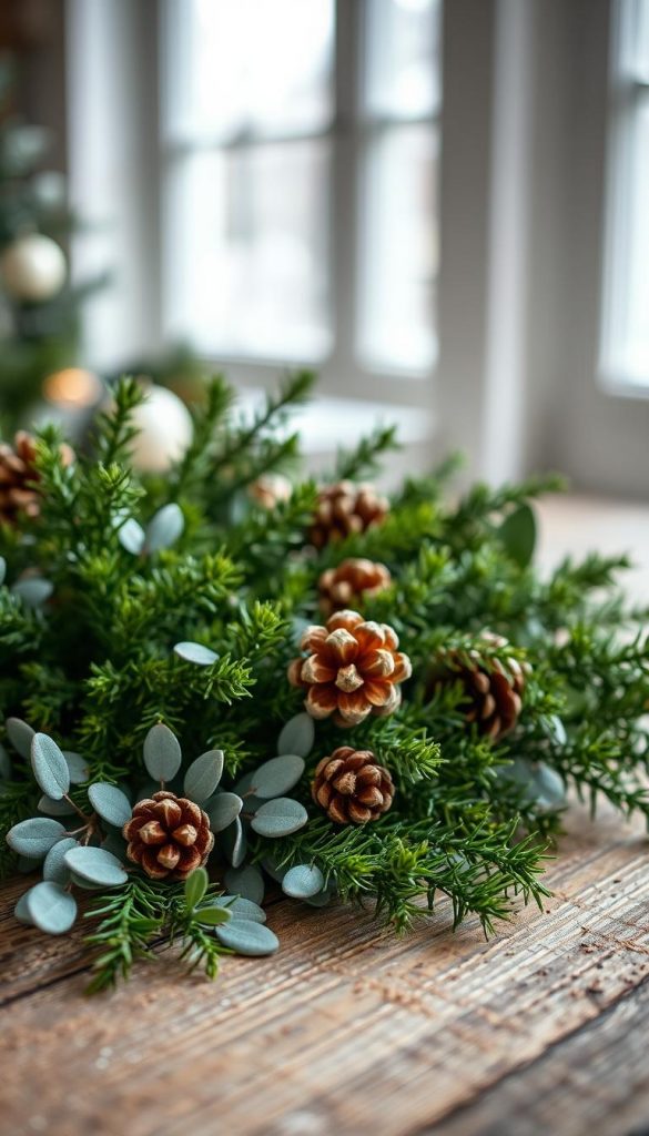 A beautifully arranged composition featuring fresh evergreen Tannenzweige as the focal point, complemented by delicate eucalyptus leaves and rustic pine cones. The foreground showcases a subtle spread of Tannenzweige artistically layered on a rustic wooden surface, adding texture and warmth. In the middle ground, soft, diffused winter sunlight filters through, enhancing the vibrant greens and earthy browns. The background is blurred to create depth, revealing hints of softly frosted windows, adding a cozy, winter atmosphere. The overall mood is serene and inviting, perfect for holiday decoration inspiration. Capture this in a style reminiscent of a warm Pinterest aesthetic, conveying authenticity and inspiration, influenced by KlickKiste’s natural DIY themes.