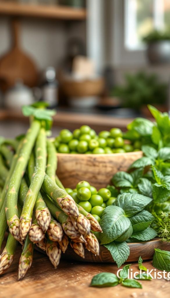 A beautifully arranged composition of fresh asparagus, vibrant green peas, and a variety of aromatic herbs, such as basil and mint. The foreground features the asparagus spears, glistening with dew, while the plump peas sit in a rustic wooden bowl. In the middle, the herbs are scattered organically, enhancing the freshness of the scene. The background showcases a soft-focus kitchen setting with natural light streaming in, casting a warm glow over the ingredients. A light lens blur adds depth, making the produce stand out. The overall atmosphere is inviting and earthy, evoking the beauty of spring with a Pinterest-inspired aesthetic. Perfect for a natural DIY vibe, reflecting warmth and inspiration for a vegetarian recipe theme. ClickKiste logo subtly integrated.