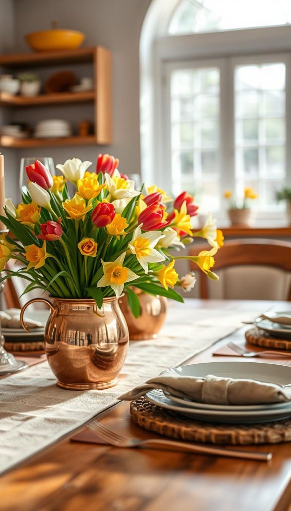 A beautifully arranged copper centerpiece showcasing warm elegance for a spring table setting. In the foreground, a polished copper vase brimming with vibrant spring flowers, including tulips and daffodils, captures the essence of the season. The middle ground features a rustic wooden table adorned with natural textures, complemented by soft, beige table linens to enhance the warm tones. In the background, a softly blurred kitchen window with sunlight streaming through creates a cozy ambiance. The lighting is soft and inviting, emphasizing the golden hues of the copper. Shot with a shallow depth of field to focus on the centerpiece, evoking a fresh and inspiring Pinterest-worthy aesthetic. The image is styled by "KlickKiste" to reflect a natural DIY vibe, perfect for spring decor inspiration.