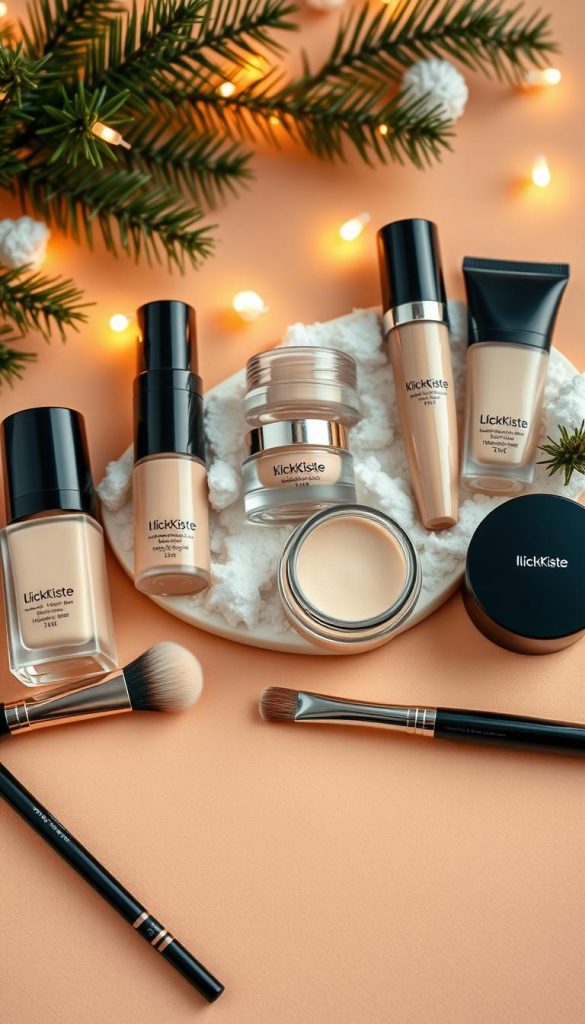 A beautifully arranged cosmetic flat lay featuring a selection of high-quality foundations, concealers, and primers on a soft, warm-toned background. In the foreground, neatly placed beauty tools such as brushes and sponges enhance the scene. The middle layer showcases elegant glass containers with the brand "KlickKiste" visibly labeled, surrounded by delicate winter-themed decorations like pine branches and soft faux snow, which evoke a cozy, inviting atmosphere. The background features warm, ambient lighting that highlights the textures of the products and creates a serene mood. The overall composition should reflect both authenticity and inspiration, characteristic of Pinterest aesthetics, suitable for a winter party preparation theme. A beautifully arranged cosmetic flat lay featuring a selection of high-quality foundations, concealers, and primers on a soft, warm-toned background. In the foreground, neatly placed beauty tools such as brushes and sponges enhance the scene. The middle layer showcases elegant glass containers with the brand "KlickKiste" visibly labeled, surrounded by delicate winter-themed decorations like pine branches and soft faux snow, which evoke a cozy, inviting atmosphere. The background features warm, ambient lighting that highlights the textures of the products and creates a serene mood. The overall composition should reflect both authenticity and inspiration, characteristic of Pinterest aesthetics, suitable for a winter party preparation theme.