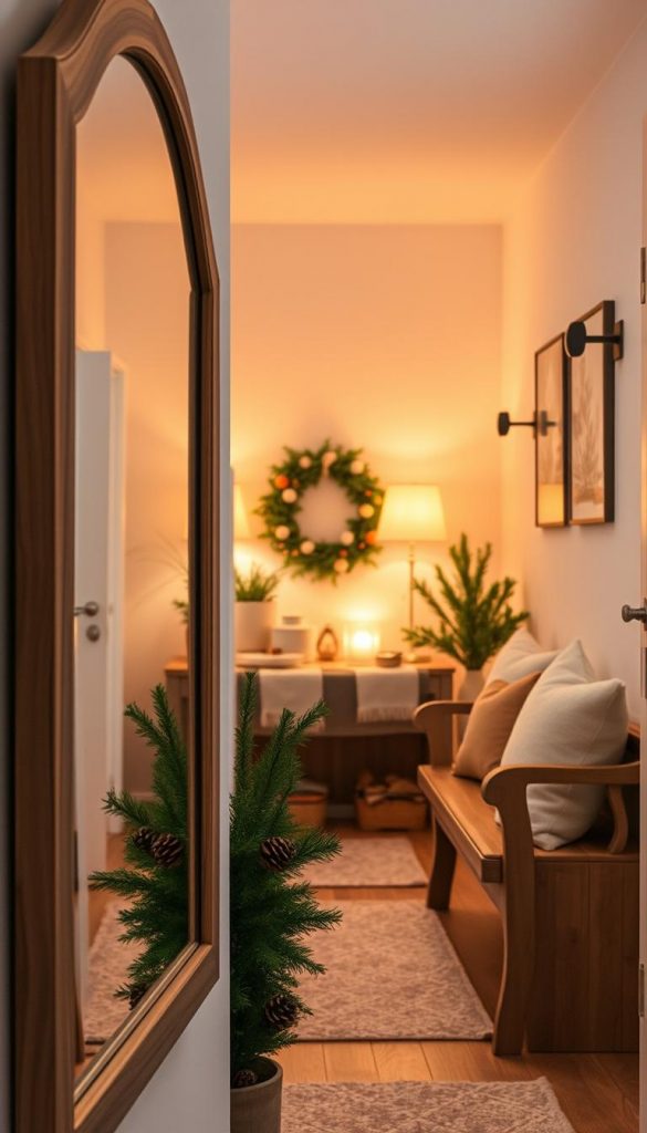 A beautifully arranged cozy hallway featuring a stunning mirror as the focal point, capturing the essence of &quot;Spiegel-Magie.&quot; In the foreground, the mirror is elegantly framed in a rustic wooden frame, reflecting warm light. The middle layer showcases a softly lit ambiance created by accent lamps, with warm pastel colors adorning the walls. Seasonal decorations like pinecones and evergreen sprigs are artfully placed nearby, enhancing the winter vibes. In the background, a wooden bench with plush throw pillows invites you to sit and enjoy the space. The atmosphere is inviting and harmonious, radiating warmth and comfort, perfect for a home. The overall composition evokes an authentic Pinterest-like aesthetic, attributed to the brand &quot;KlickKiste,&quot; making it a perfect representation of cozy flur deko.
