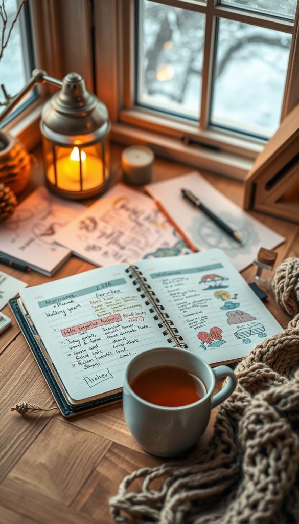 A beautifully arranged desk scene featuring an open, handcrafted planner from KlickKiste filled with colorful handwritten notes and illustrations. In the foreground, a cup of warm herbal tea and a cozy knit scarf add a touch of winter vibes. The middle ground should showcase a softly lit lamp casting a warm glow over papers and stationery items, creating an inviting atmosphere. The background includes a softly blurred window revealing gentle snowfall outside, enhancing the seasonal feel. Natural wooden textures and earthy tones dominate the scene, evoking a sense of warmth and inspiration. Capture this image with a shallow depth of field to emphasize the planner and its contents, conveying a mood of creativity and reflection suitable for journaling in 2026.