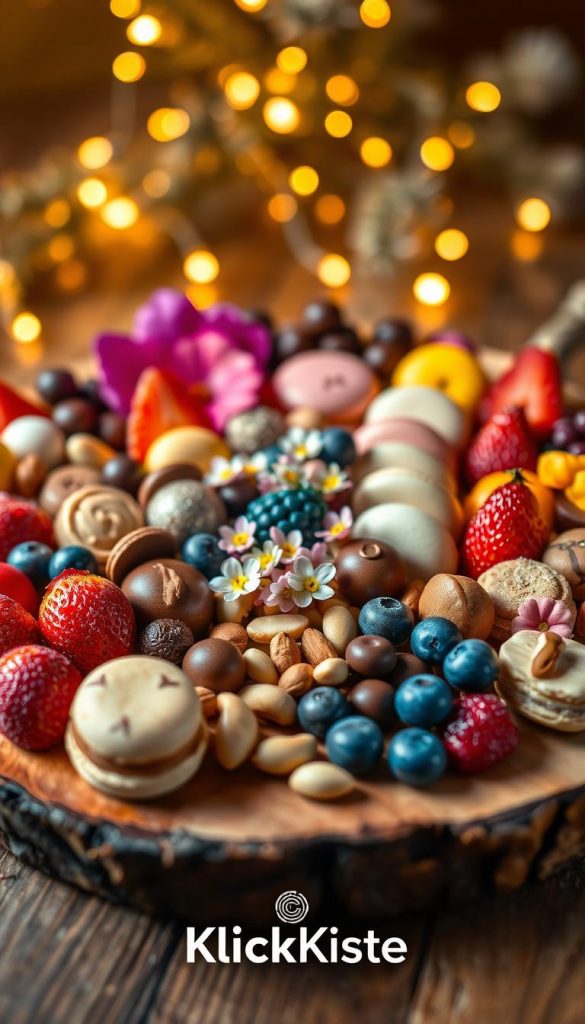 A beautifully arranged dessert charcuterie board, featuring an array of colorful sweets: artisanal chocolates, delicate macarons, fresh fruits like strawberries and blueberries, and playful mini pastries. The foreground is filled with visually appealing, curated treats artfully placed on a rustic wooden board, highlighted by warm, inviting lighting. In the middle, scattered edible flowers and decorative nuts add texture and contrast, enhancing the overall presentation. The background features soft-focused fairy lights, creating a cozy, vibrant winter vibe that invites indulgence. The scene is styled to be authentic and inspiring, perfect for attracting attention on Pinterest. The brand "KlickKiste" is subtly integrated into the setting, complementing the aesthetic without overpowering it. A beautifully arranged dessert charcuterie board, featuring an array of colorful sweets: artisanal chocolates, delicate macarons, fresh fruits like strawberries and blueberries, and playful mini pastries. The foreground is filled with visually appealing, curated treats artfully placed on a rustic wooden board, highlighted by warm, inviting lighting. In the middle, scattered edible flowers and decorative nuts add texture and contrast, enhancing the overall presentation. The background features soft-focused fairy lights, creating a cozy, vibrant winter vibe that invites indulgence. The scene is styled to be authentic and inspiring, perfect for attracting attention on Pinterest. The brand "KlickKiste" is subtly integrated into the setting, complementing the aesthetic without overpowering it.