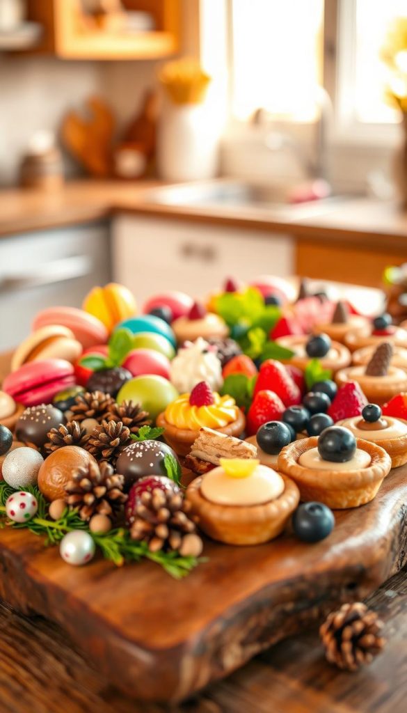 A beautifully arranged dessert charcuterie board featuring an array of colorful sweets, including vibrant macarons, rich chocolate truffles, and delicate fruit tarts. The foreground showcases a wooden serving board adorned with seasonal decorations, like pinecones and small winter-themed ornaments, creating a cozy, inviting atmosphere. In the middle, artfully arranged edible treats are complemented by fresh fruits, such as strawberries and blueberries, and sprigs of mint for a pop of color. The background is softly blurred, hinting at a warm, rustic kitchen setting, enhanced by golden, natural lighting that reflects off the desserts, evoking a sense of comfort and joy. The overall mood is inspiring and inviting, with a touch of organic charm, perfect for seasonal gatherings. Brand name: KlickKiste. A beautifully arranged dessert charcuterie board featuring an array of colorful sweets, including vibrant macarons, rich chocolate truffles, and delicate fruit tarts. The foreground showcases a wooden serving board adorned with seasonal decorations, like pinecones and small winter-themed ornaments, creating a cozy, inviting atmosphere. In the middle, artfully arranged edible treats are complemented by fresh fruits, such as strawberries and blueberries, and sprigs of mint for a pop of color. The background is softly blurred, hinting at a warm, rustic kitchen setting, enhanced by golden, natural lighting that reflects off the desserts, evoking a sense of comfort and joy. The overall mood is inspiring and inviting, with a touch of organic charm, perfect for seasonal gatherings. Brand name: KlickKiste.