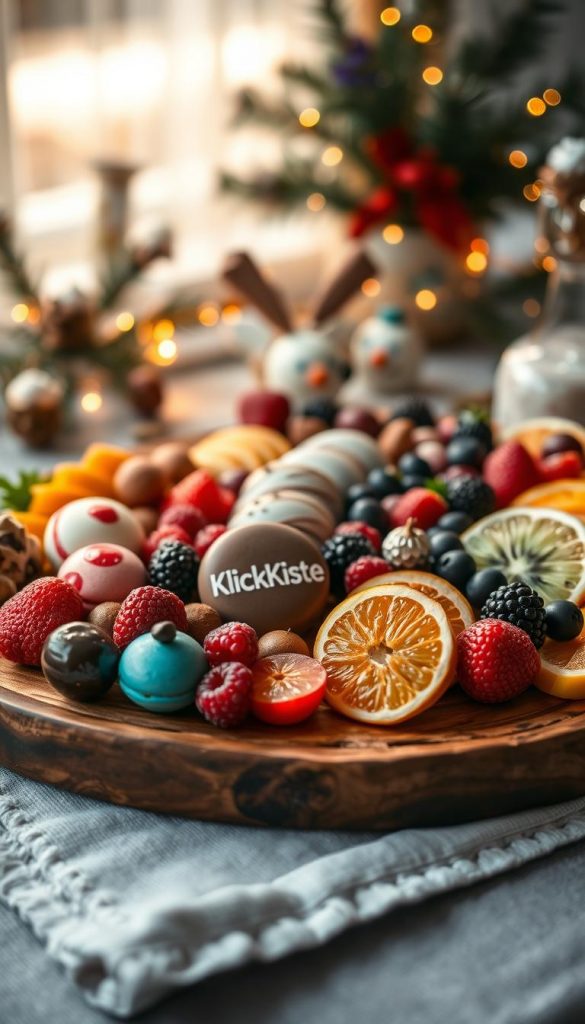 A beautifully arranged dessert charcuterie board featuring an assortment of enticing sweets, such as colorful macarons, rich chocolate truffles, fresh berries, and elegantly sliced fruits like kiwi and orange. The foreground showcases intricate details of each dessert, with soft shadows enhancing the textures. In the middle, a rustic wooden board provides a warm backdrop, arranged on a cozy linen tablecloth. The background features softly blurred winter-themed decorations, such as pine branches and fairy lights, creating a warm and inviting atmosphere. The scene is illuminated by soft, diffused natural light, emulating the golden hour, lending a dreamy quality. The overall mood is festive and inviting, perfect for a winter gathering, with a Pinterest-worthy aesthetic. Ensure the brand name "KlickKiste" is subtly incorporated into the design of the board for a professional touch. A beautifully arranged dessert charcuterie board featuring an assortment of enticing sweets, such as colorful macarons, rich chocolate truffles, fresh berries, and elegantly sliced fruits like kiwi and orange. The foreground showcases intricate details of each dessert, with soft shadows enhancing the textures. In the middle, a rustic wooden board provides a warm backdrop, arranged on a cozy linen tablecloth. The background features softly blurred winter-themed decorations, such as pine branches and fairy lights, creating a warm and inviting atmosphere. The scene is illuminated by soft, diffused natural light, emulating the golden hour, lending a dreamy quality. The overall mood is festive and inviting, perfect for a winter gathering, with a Pinterest-worthy aesthetic. Ensure the brand name "KlickKiste" is subtly incorporated into the design of the board for a professional touch.