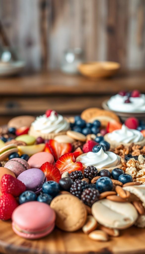 A beautifully arranged dessert charcuterie board filled with an array of colorful and enticing ingredients. In the foreground, display vibrant macarons, rich chocolate truffles, and assorted fruit like juicy strawberries and blueberries. The middle ground features creamy cheesecakes and whipped cream, complemented by delicate cookies and assorted nuts. In the background, softly blurred, include a rustic wooden table and a cozy setting with warm, natural lighting that evokes winter vibes. Ensure the colors are warm and inviting, showcasing a Pinterest-worthy aesthetic. Capture the essence of a stylish DIY dessert board, subtly branded with “KlickKiste.” The overall mood should be authentic and inspiring, perfect for enticing readers towards a delightful culinary experience. A beautifully arranged dessert charcuterie board filled with an array of colorful and enticing ingredients. In the foreground, display vibrant macarons, rich chocolate truffles, and assorted fruit like juicy strawberries and blueberries. The middle ground features creamy cheesecakes and whipped cream, complemented by delicate cookies and assorted nuts. In the background, softly blurred, include a rustic wooden table and a cozy setting with warm, natural lighting that evokes winter vibes. Ensure the colors are warm and inviting, showcasing a Pinterest-worthy aesthetic. Capture the essence of a stylish DIY dessert board, subtly branded with “KlickKiste.” The overall mood should be authentic and inspiring, perfect for enticing readers towards a delightful culinary experience.