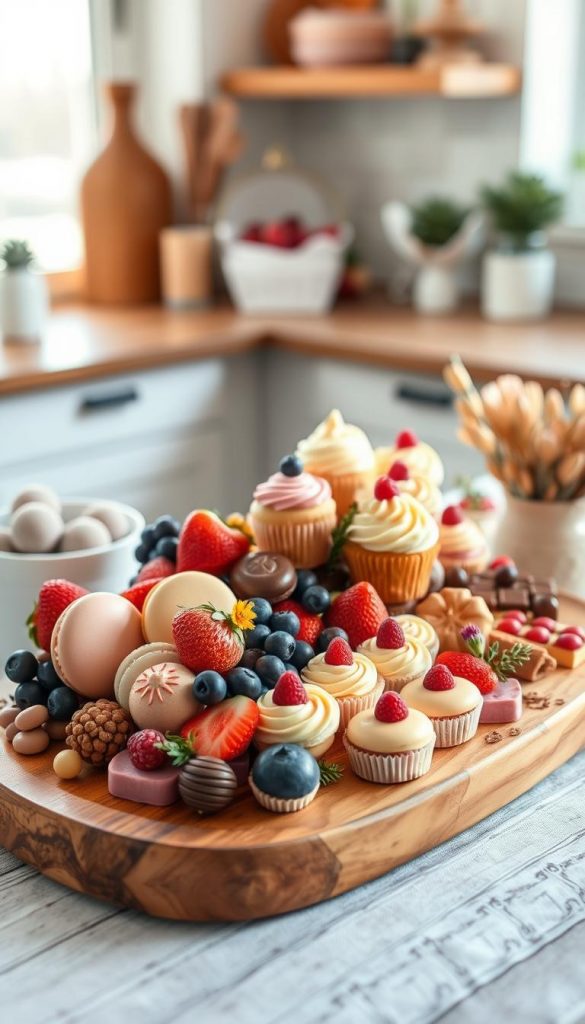 A beautifully arranged dessert charcuterie board step-by-step, showcasing various layers of deliciousness. In the foreground, feature a stylish wooden board adorned with colorful macarons, artisanal chocolates, and fresh seasonal fruits like strawberries and blueberries. In the middle, display elegantly frosted cupcakes and bite-sized pastry treats, all in a warm palette of pinks, yellows, and cream. The background can feature a softly blurred kitchen setting with natural lighting pouring in, enhancing the cozy, winter vibe. Incorporate elements of DIY with small decorative items like fresh herbs and edible flowers for an authentic Pinterest aesthetic. Capture the overall mood as inviting and inspirational, reflecting the creativity of the brand "KlickKiste." Ensure the image is without captions or watermarks, focusing solely on the dessert board's appeal. A beautifully arranged dessert charcuterie board step-by-step, showcasing various layers of deliciousness. In the foreground, feature a stylish wooden board adorned with colorful macarons, artisanal chocolates, and fresh seasonal fruits like strawberries and blueberries. In the middle, display elegantly frosted cupcakes and bite-sized pastry treats, all in a warm palette of pinks, yellows, and cream. The background can feature a softly blurred kitchen setting with natural lighting pouring in, enhancing the cozy, winter vibe. Incorporate elements of DIY with small decorative items like fresh herbs and edible flowers for an authentic Pinterest aesthetic. Capture the overall mood as inviting and inspirational, reflecting the creativity of the brand "KlickKiste." Ensure the image is without captions or watermarks, focusing solely on the dessert board's appeal.