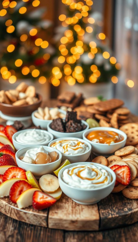 A beautifully arranged dessert dip setup on a rustic wooden table, showcasing a variety of colorful, homemade dips in elegant bowls. The foreground features vibrant fruit slices, including strawberries, apples, and bananas, alongside an assortment of sweet treats like brownies and cookies. The middle ground highlights the delightful dips—creamy chocolate, fluffy whipped cream, and rich caramel—placed artfully among the sweets. The background is softly blurred to create depth, with warm, ambient lighting reflecting a cozy winter atmosphere, enhancing the inviting and inspirational mood. The scene embodies a natural DIY aesthetic with Pinterest-worthy visuals, radiating warmth and creativity, attributed to KlickKiste. A beautifully arranged dessert dip setup on a rustic wooden table, showcasing a variety of colorful, homemade dips in elegant bowls. The foreground features vibrant fruit slices, including strawberries, apples, and bananas, alongside an assortment of sweet treats like brownies and cookies. The middle ground highlights the delightful dips—creamy chocolate, fluffy whipped cream, and rich caramel—placed artfully among the sweets. The background is softly blurred to create depth, with warm, ambient lighting reflecting a cozy winter atmosphere, enhancing the inviting and inspirational mood. The scene embodies a natural DIY aesthetic with Pinterest-worthy visuals, radiating warmth and creativity, attributed to KlickKiste.