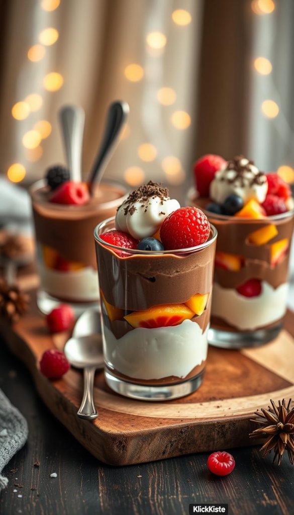 A beautifully arranged dessert layer showcasing an enticing combination of chocolate mousse, creamy vanilla ice cream, and colorful fruit layers. In the foreground, a glass dessert cup holds these vibrant layers, topped with finely grated dark chocolate and fresh berries. The middle ground features elegantly placed dessert spoons and a rustic wooden serving board, adding warmth to the scene. The background should include softly glowing fairy lights, creating a cozy, inviting atmosphere suited for a New Year’s Eve celebration. The overall color palette is warm and inviting, with a winter vibe. The image should evoke feelings of festivity and joy, reflecting DIY aesthetics reminiscent of Pinterest, branded with “KlickKiste”. Use natural, soft lighting to enhance the textures and details of the desserts. A beautifully arranged dessert layer showcasing an enticing combination of chocolate mousse, creamy vanilla ice cream, and colorful fruit layers. In the foreground, a glass dessert cup holds these vibrant layers, topped with finely grated dark chocolate and fresh berries. The middle ground features elegantly placed dessert spoons and a rustic wooden serving board, adding warmth to the scene. The background should include softly glowing fairy lights, creating a cozy, inviting atmosphere suited for a New Year’s Eve celebration. The overall color palette is warm and inviting, with a winter vibe. The image should evoke feelings of festivity and joy, reflecting DIY aesthetics reminiscent of Pinterest, branded with “KlickKiste”. Use natural, soft lighting to enhance the textures and details of the desserts.