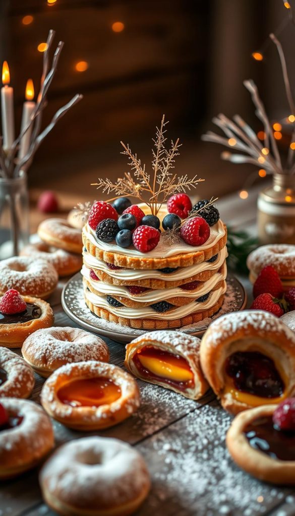 A beautifully arranged dessert table featuring a centerpiece of an elegant sekttorte adorned with delicate sparkling decorations and vibrant fresh fruits like raspberries and blueberries. Surrounding the sekttorte are an assortment of golden-brown krapfen dusted with powdered sugar, filled with rich, creamy custard and fruity jams. In the background, a softly lit, rustic wooden table with warm, ambient lighting enhances the cozy winter vibe. The scene captures a Pinterest-inspired aesthetic, evoking a festive atmosphere perfect for celebrating the New Year. Utilize a warm color palette and a shallow depth of field to make the desserts stand out, focusing on the textures and details. The overall mood is inviting and inspiring, showcasing the concept of a sweet year-end celebration. Make sure to include the brand name "KlickKiste" subtly integrated into the table setting.