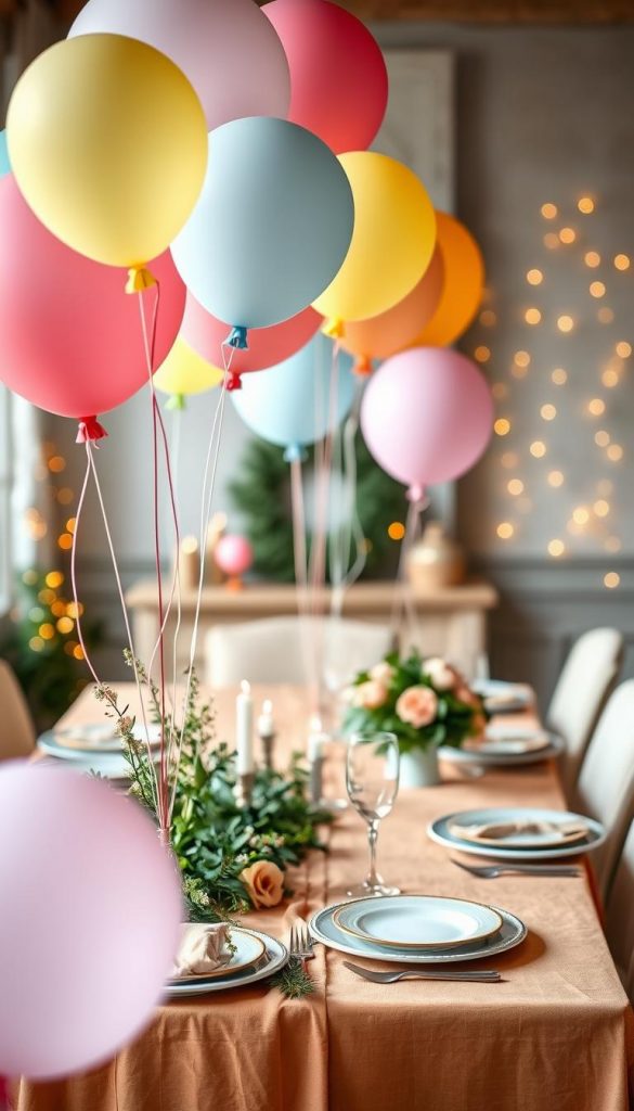 A beautifully arranged dining table adorned with an enchanting display of "raum luftballons" in soft pastels and vibrant hues. In the foreground, colorful balloons float gracefully, some tied to elegant centerpieces, while others drift above the table. The middle ground showcases a delightful table setting with warm-colored linens, sparkling dinnerware, and lush greenery, creating a cozy, inviting atmosphere. In the background, subtle fairy lights twinkle softly against a softly blurred wall, enhancing the warmth of the scene. Use natural lighting to create a friendly, festive vibe, while ensuring depth through a shallow focus lens, capturing the essence of a charming DIY winter celebration. The layout should feel authentic and inspire creativity, with a Pinterest-worthy aesthetic. Feature "KlickKiste" products subtly incorporated into the decor for a cohesive look. A beautifully arranged dining table adorned with an enchanting display of "raum luftballons" in soft pastels and vibrant hues. In the foreground, colorful balloons float gracefully, some tied to elegant centerpieces, while others drift above the table. The middle ground showcases a delightful table setting with warm-colored linens, sparkling dinnerware, and lush greenery, creating a cozy, inviting atmosphere. In the background, subtle fairy lights twinkle softly against a softly blurred wall, enhancing the warmth of the scene. Use natural lighting to create a friendly, festive vibe, while ensuring depth through a shallow focus lens, capturing the essence of a charming DIY winter celebration. The layout should feel authentic and inspire creativity, with a Pinterest-worthy aesthetic. Feature "KlickKiste" products subtly incorporated into the decor for a cohesive look.