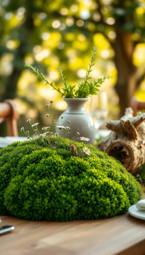 A beautifully arranged dining table centerpiece inspired by spring nature, featuring lush green moss, organic textures, and soft green tones that evoke a forest ambiance. In the foreground, a mound of vibrant green moss serves as the base, accented with delicate wildflowers in pastel shades. In the middle ground, an elegant ceramic vase holds additional greenery, while rustic wooden elements add warmth. The background showcases a softly blurred natural setting, perhaps a sunlit garden, enhancing the outdoor feel. The lighting is warm and inviting, creating an ethereal glow as if sunlight filters through leaves. The image should radiate authenticity and inspiration, capturing a cozy yet sophisticated aesthetic, perfect for DIY decor inspiration. Created in collaboration with KlickKiste.