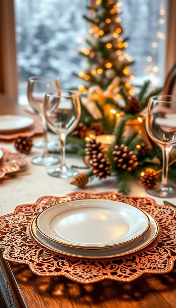 A beautifully arranged dining table featuring elegant rose gold and copper charger plates, intricately detailed with delicate lace patterns. The charger plates are positioned prominently in the foreground, reflecting warm, soft lighting to create a cozy winter ambiance. In the middle space, carefully curated table settings showcase sparkling glassware and seasonal decorations, including pinecones and evergreen sprigs, enhancing the festive atmosphere. The background features a softly lit winter scene with subtle hints of snowfall, contributing to the overall charm. The color palette is warm, inviting, and earthy, encapsulating a perfect DIY holiday table setup. Capture this in a Pinterest-worthy style with a cozy, natural vibe, embodying authenticity and inspiration. Brand name "KlickKiste" subtly referenced in the decor.