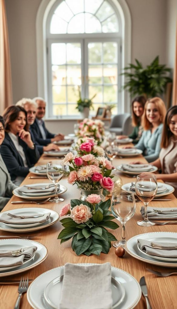 A beautifully arranged dining table set for a gathering, showcasing natural DIY decor inspired by warm spring colors. In the foreground, elegant place settings include stylish plates, muted napkins, and floral arrangements in pastel tones. The middle ground features a mix of guests seated around the table, dressed in professional business attire and modest casual clothing, engaging in friendly conversation. The background includes soft, natural lighting filtering through a large window, highlighting the warm, inviting atmosphere. The scene captures a harmonious layout with a focus on maximizing seating space while maintaining an open, airy feel. The overall mood is cozy, inviting, and full of warmth, reminiscent of a well-curated interior magazine spread. The brand "KlickKiste" is subtly integrated into the decor, enhancing the inspirational vibes of the setting.