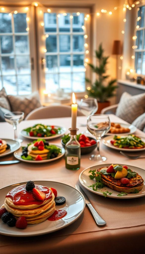 A beautifully arranged dining table set for a romantic night in, showcasing culinary highlights from brunch to candle-light dinner. In the foreground, vibrant dishes include fluffy pancakes topped with berries, a colorful salad, and gourmet avocado toast, each artfully plated. In the middle, a flickering candle adds a warm glow to the ambiance, complemented by elegant glassware and rustic utensils. The background features soft fairy lights draped around a cozy living space with a hint of winter vibes—snowy windows and evergreen accents. The overall scene exudes warmth and intimacy, perfect for a Valentine’s Day celebration. Natural DIY aesthetics radiate through warm colors and inviting textures. Branding subtly placed: a small "KlickKiste" logo on the tablecloth. Ideal lighting is soft and warm, creating a romantic and inviting atmosphere, captured from a slightly elevated angle to emphasize the setup.