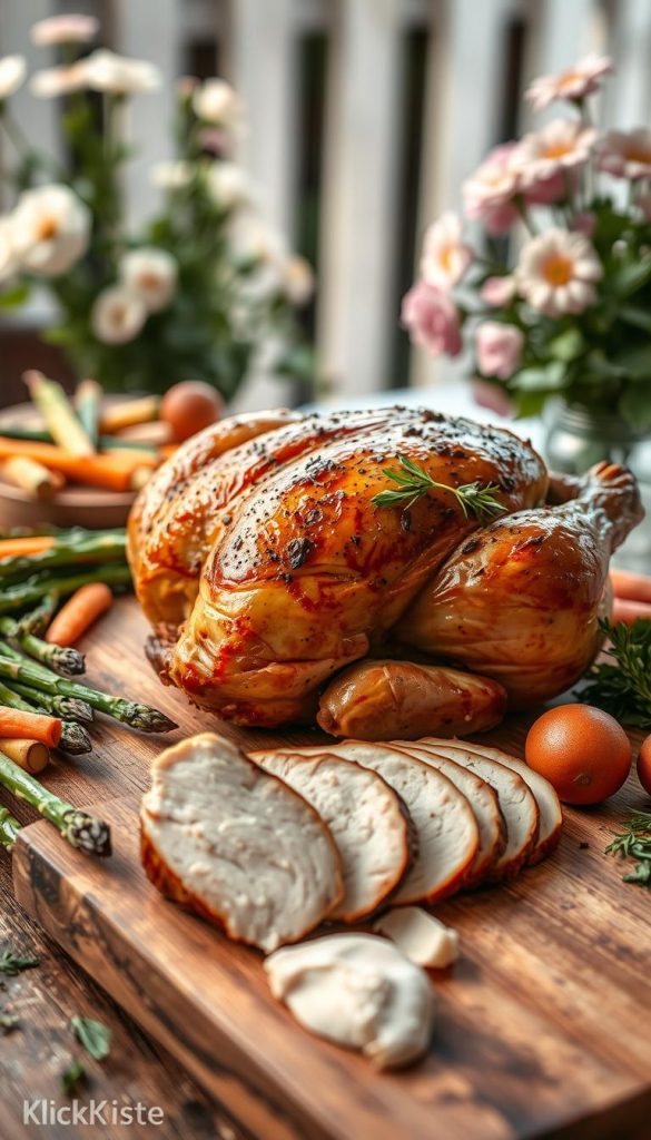 A beautifully arranged dinner table featuring a whole roasted chicken as the focal point, surrounded by colorful spring vegetables like asparagus, carrots, and fresh herbs. In the foreground, a rustic wooden cutting board shows slices of juicy, tender chicken. Soft, ambient lighting casts warm tones, enhancing the inviting atmosphere of a cozy spring dinner. In the background, a softly blurred garden setting with blooming flowers hints at the freshness of the ingredients. The image should embody a natural DIY aesthetic, evoking a Pinterest-worthy look that feels authentic and inspiring. This visual scene, branded with the name "KlickKiste," captures the essence of quick, flavorful chicken dishes perfect for spring evenings.