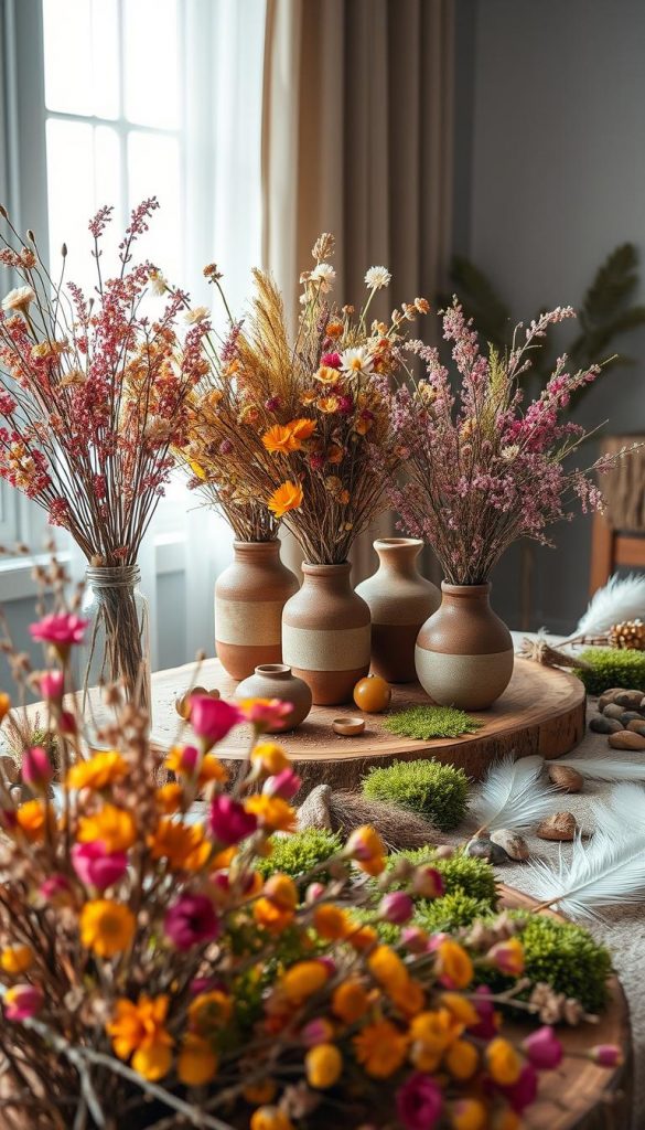 A beautifully arranged display inspired by natural materials for maximalistic spring decor. In the foreground, vibrant dried flowers in warm colors, mixed with delicate twigs and lush green moss. The middle layer features a rustic wooden table adorned with artisanal ceramic vases holding the dried blooms, complemented by scattered pebbles and soft feathers. In the background, a softly blurred window with natural light filtering through sheer curtains casts a warm glow over the scene, evoking a cozy spring atmosphere. The overall mood is inviting and inspiring, perfect for a Pinterest-worthy aesthetic. This composition has been crafted for the brand "KlickKiste," showcasing a DIY charm with a touch of elegance.