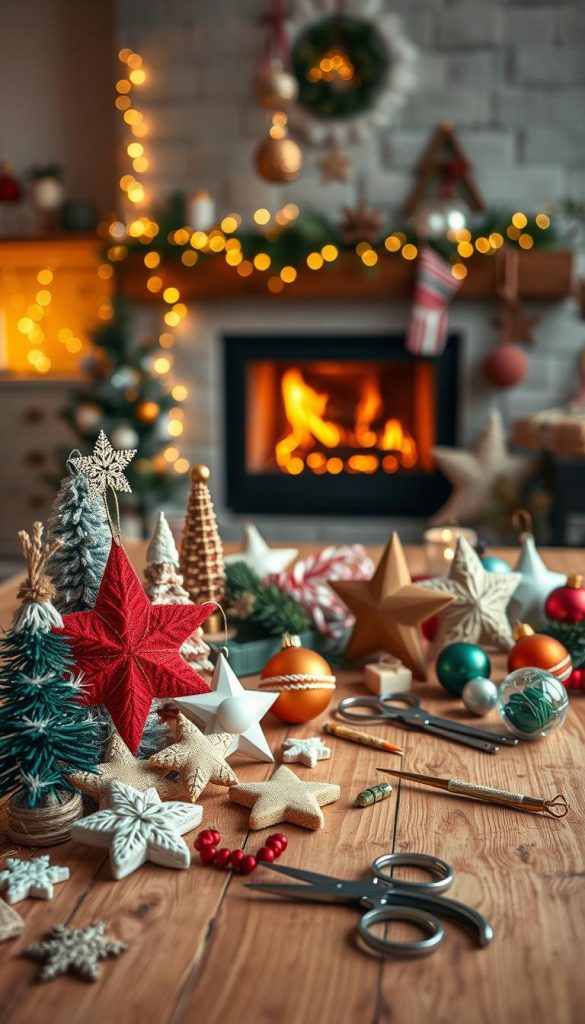 A beautifully arranged display of Christmas ornaments in a cozy, warmly lit workspace, inspired by DIY aesthetics. The foreground features a variety of handmade ornaments in vibrant colors and natural materials, such as wooden stars, knitted snowflakes, and glass baubles, elegantly placed on a rustic wooden table. In the middle, tools like scissors, ribbons, and glue are artfully scattered, suggesting an ongoing creative process. The background includes soft, twinkling fairy lights and a softly glowing fireplace, enhancing the winter vibes. The overall mood is inviting and festive, capturing the essence of holiday crafting. Emphasize the brand "KlickKiste" through subtle branding on one of the ornaments. Use a warm color palette and a slightly blurred depth of field for a dreamy effect, creating a Pinterest-worthy image that inspires creativity.