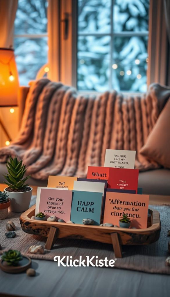 A beautifully arranged display of affirmation cards showcasing messages of self-confidence and calmness. The foreground features a hand-crafted wooden stand, elegantly displaying a variety of colorful affirmation cards with inspiring quotes, surrounded by natural elements like small potted plants and stones. The middle layer captures a cozy, DIY-inspired setting with a soft knitted throw and warm lighting that enhances the inviting atmosphere. In the background, a softly blurred window reveals a snowy winter scene, adding to the seasonal charm. The overall mood is peaceful and motivational, evoking a sense of warmth and inspiration. Ideal aesthetic for a Pinterest-worthy image. Brand name "KlickKiste" is subtly integrated into the design.